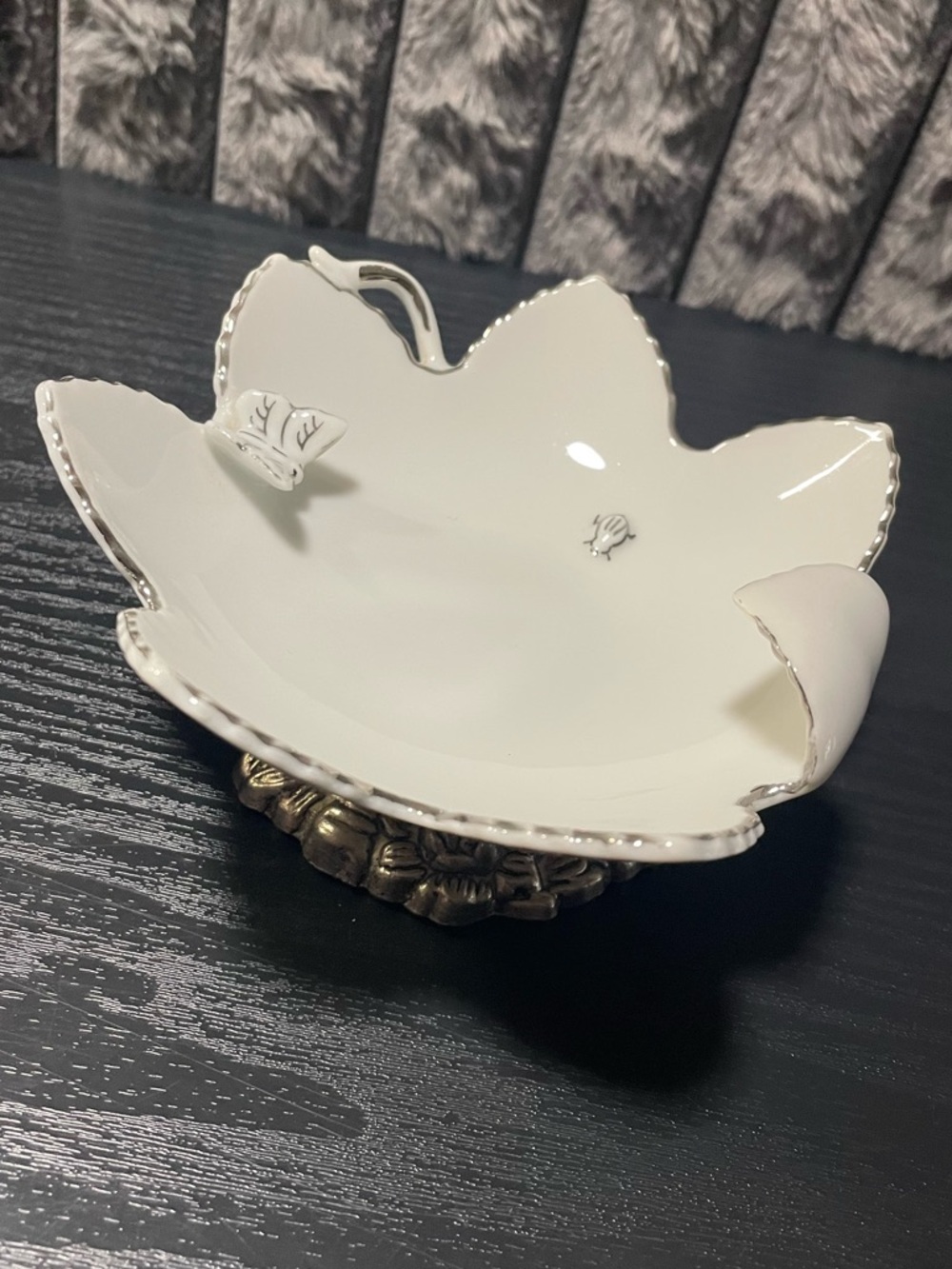 Rare Andrea By Sadek Porcelain Lotus Flower Trinket Dish 3D Butterfly and Beetle